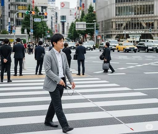 白杖使用の視覚障害者中年男性が大きな交差点の横断歩道を渡っている画像です。