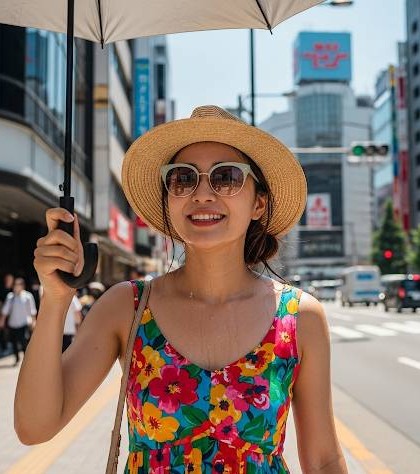 真夏の日差しの厳しい都会の歩道で、女性が汗をかきながら日傘、麦わら帽子、サングラスを使用し笑顔で歩いているイメージ画像です。