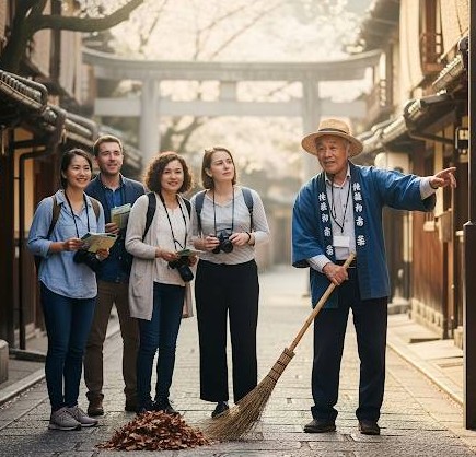 社会問題京都オーバーツーリズムの対策 高齢者が清掃や観光案内をしているイメージ画像です。