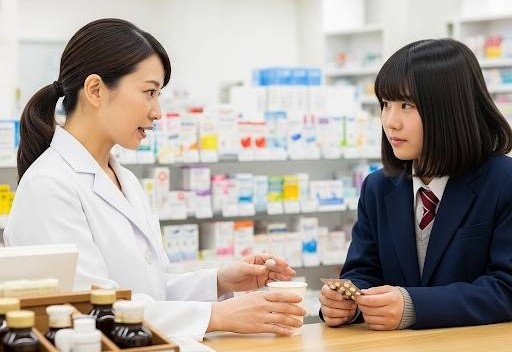 薬局で緊急避妊薬(アフターピル)を薬剤師から未成年の女性が処方され、説明の元、薬を目の前で服用しようとしている画像です。