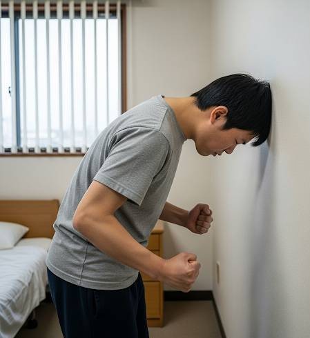 障害者施設で行動障害のある青年が、感情を制御できずに自らの頭を部屋の壁に打ち付けて苦悩している画像です。