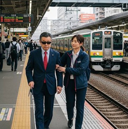 男性の視覚障害者が、ガイドヘルパーと電車に乗車し、移動する画像です。