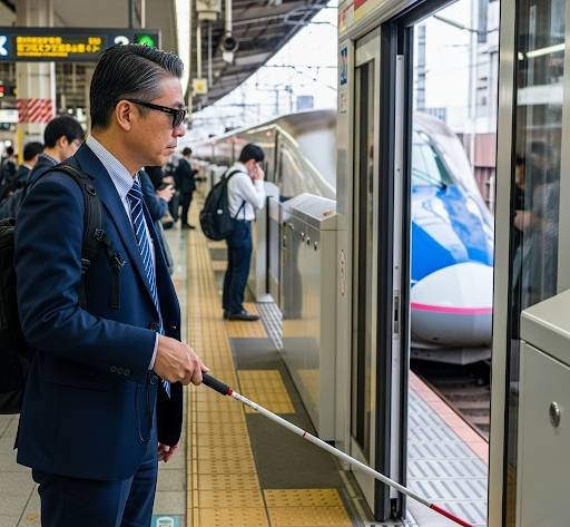 中年男性のスーツを着た視覚障害が、白杖を使用しホームドアの付いている乗車口から電車に乗り込もうとしている画像です。