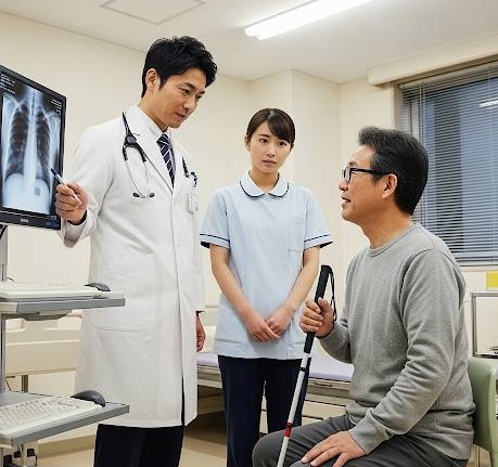 男性の視覚障害者が、病院の診察室で医師からレントゲン画像を見せられ、治療方法の説明を受けている画像です。