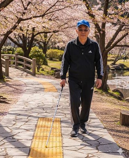 日本の春の公園で、男性の視覚障害者が点字ブロックを白杖を使いながら探り、歩いている画像です。