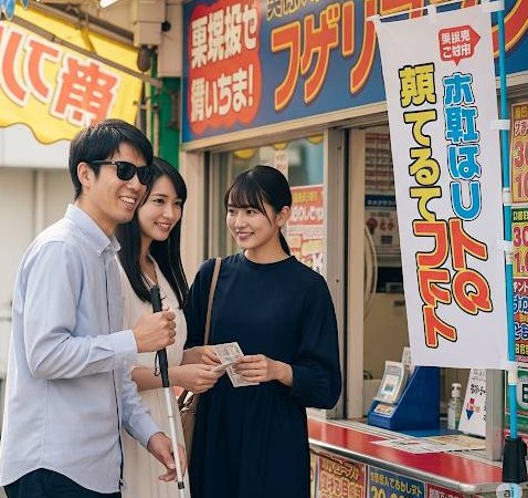 サマージャンボ宝くじを視覚障害者がガイドヘルパーと購入をしている画像です。