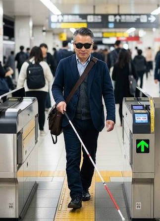 男性の視覚障害者が、混雑している駅で白杖を使用しながら自動改札を通過する画像です。