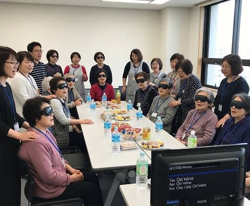 視覚障害者の集団がガイドヘルパーと一緒に、カラオケを楽しんでいる画像をAIで生成しました。