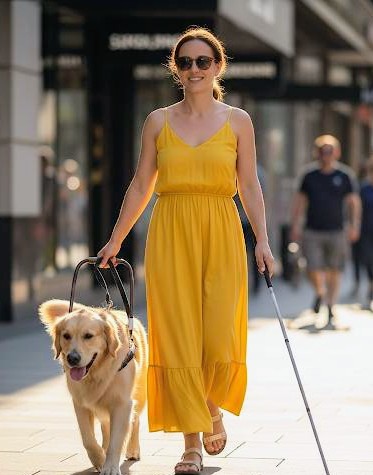 眩しく光のさす夏の日に、盲導犬(ゴールデンレトリーバー)と明るいワンピースを着た女性の視覚障害者が、笑顔で街を歩いている画像です。