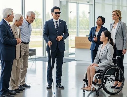白杖を使用した視覚障害者の社長が、自社のスタッフ、高齢者・障害者・その他に対して朝礼で仕事の指示をしている画像です。