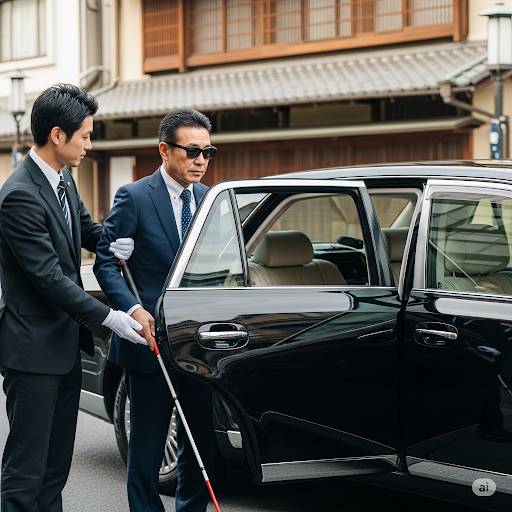 視覚障害者の社長が黒塗りの高級社用車の後部座席に乗り込む写真です。