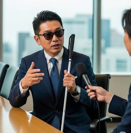 視覚障害者の就労支援に関して取材を受けているイメージ画像です。