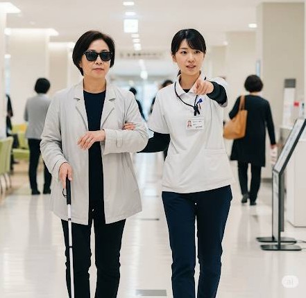 視覚障害者の女性が同行援護(ガイドヘルパー)を利用して病院に通院するイメージ画像です。