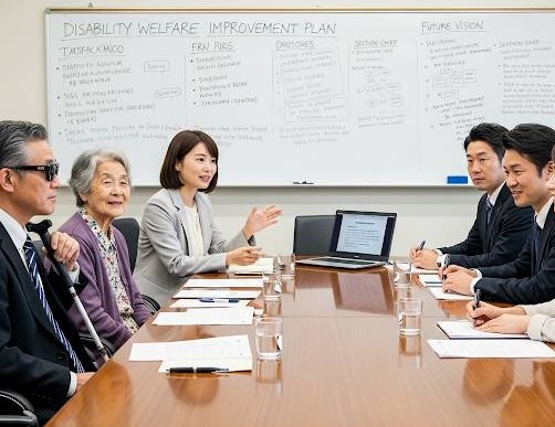 視覚障害者の団体が役所を訪問し、日頃の活動報告を市役所の広報課職員へ会議室で説明をしている画像です。