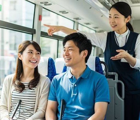 視覚障害者団体バス旅行、視覚障害者の方がガイドヘルパーさんと共に旅行を楽しんでいるバス内のイメージ画像です。