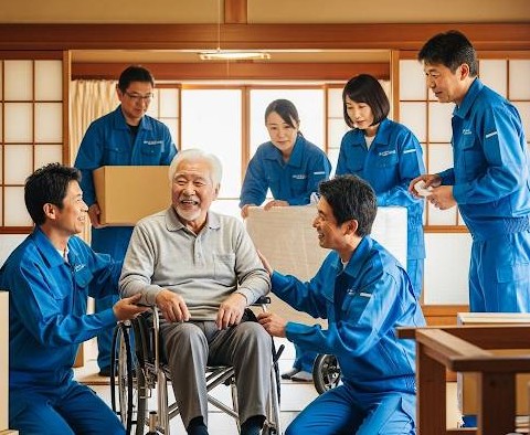 車椅子を利用した高齢障害者の、引越し作業風景