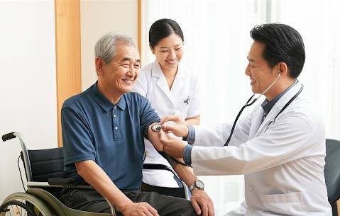 車椅子に乗った男性患者が、訪問医療により医師と看護師から診察を受けている画像です。