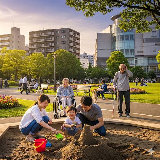 東葛地域の公園、砂場で遊んでいる子連れ家族と、それを見守る車椅子の女性、公園ではその他にも様々な方がくつろいで過ごしている画像を、イメージした写真です。