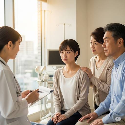 障害をお持ちの若い女性がご両親同伴で産婦人科へ行き、妊娠について相談をしている画像です。