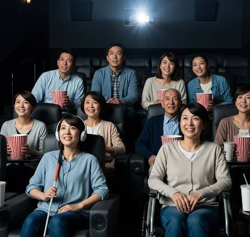 様々な障害を持った方がアクセシビリティサービスを使い、映画鑑賞をしているイメージ画像です。
