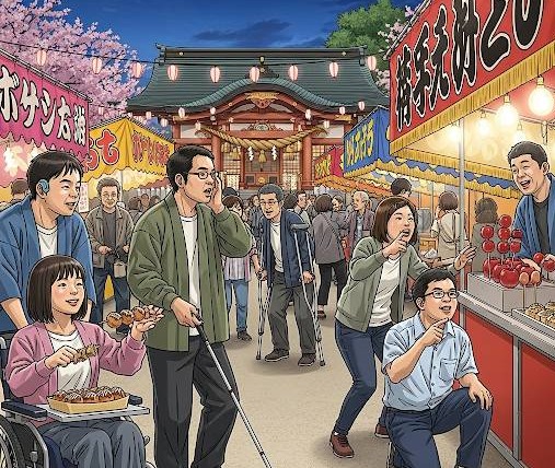 様々な障害をお持ちの人達が、町のお祭りに出掛け、笑顔で楽しんでいる画像です。