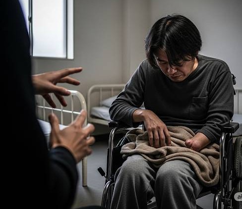 障害者施設で男性が施設の職員から虐待を受け、悲しんでいるイメージ画像です。