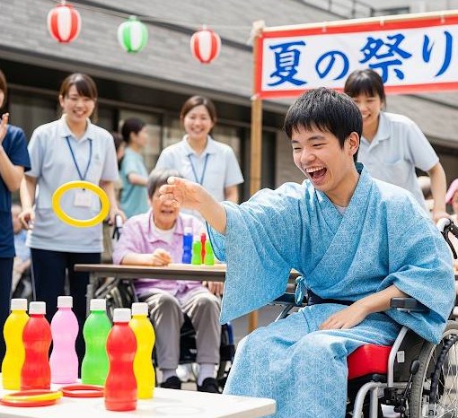 障害者施設の夏祭りイベントで、障害者が輪投げをしているイメージ画像です。