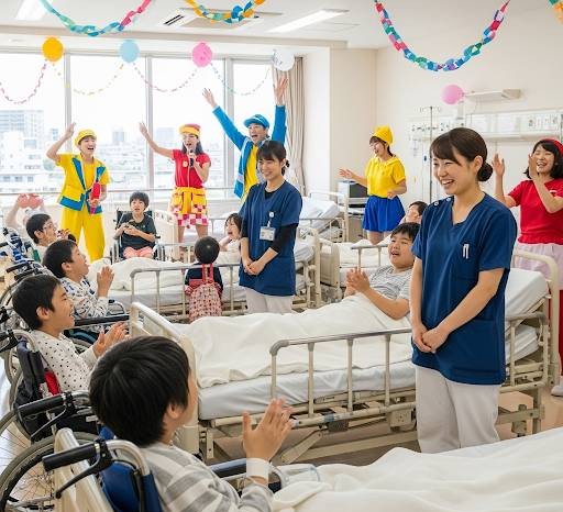難病の子供達に病院内で歌や踊りのショーを行い、笑顔を引きだしているパフォーマーの画像です。