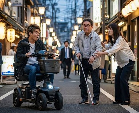 日本の狭い商店街の道路で、電動モビリティに乗った青年が視覚障害者と同行援護者に追突しそうな、危険を感じる画像です。