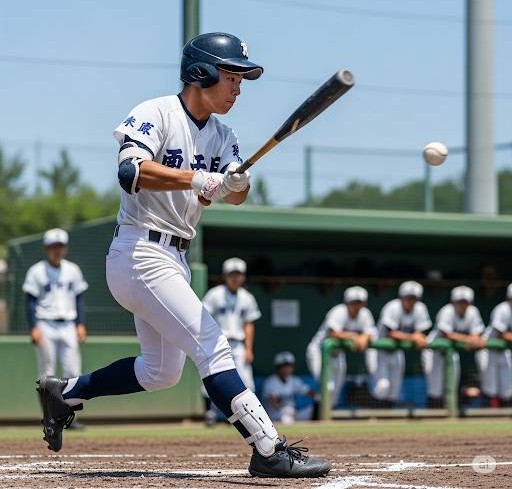 高校野球で試合中にバッターがピッチャーの投げたボールを打つ瞬間のイメージ画像です。