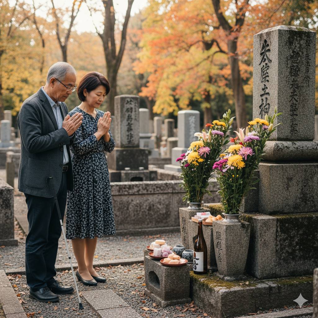 AIが生成した男性高齢者と中年女性が、お墓に手を合わせ墓参りをしているイメージ画像です。