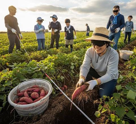 視覚障害者も参加する「さつまいも堀り大会」で熱心にお芋を掘っているイメージ画像です。