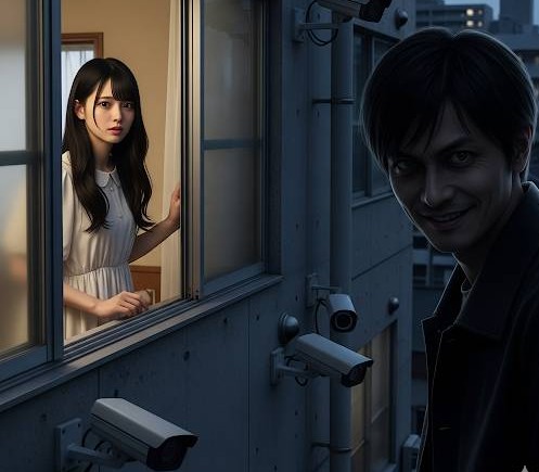 マンションで一人暮らしをしている若い女性、マンションには複数の監視カメラがついている。こちらの女性は、男性からストーカー行為を受けていて、この画像は加害者男性が被害者女性の住宅を外から監視している状況です。