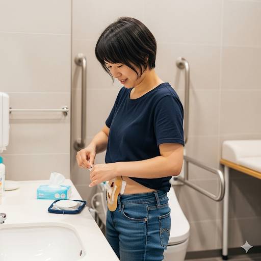多目的トイレの中で、ストーマの女性が対処をしている画像です。