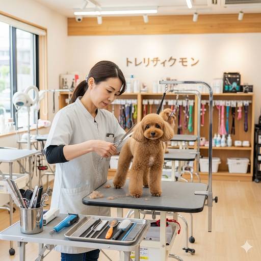犬のトリミングサロンで、女性の施術者がトイプードルを可愛くカットしている画像です。
