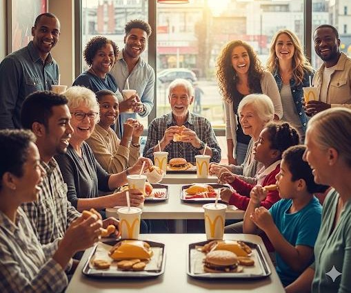 ハンバーガーショップ内で子供連れの家族、障害者、高齢者などがファーストフードを食べている画像です。