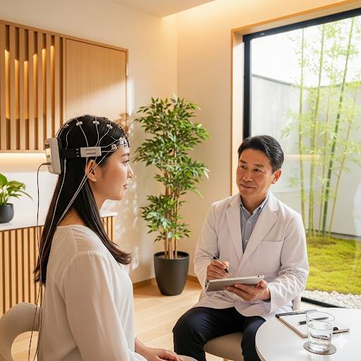 メンタルクリニックで女性患者が、脳波を取りながら問診を受けている画像です。