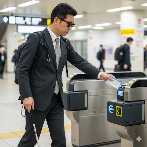 リュックを背負った男性視覚障害者が、白杖を持ちながら反対側の手でリールの付いたカードケース(定期券)を自動改札にかざし、通過する画像です。