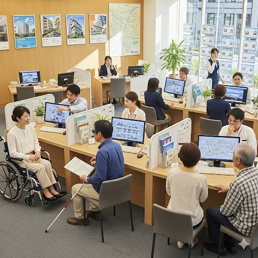 都会の賃貸仲介福祉不動産店舗、高齢者・視覚障害者・車椅子利用者などが物件の相談に来店されている、AIイメージ画像です。