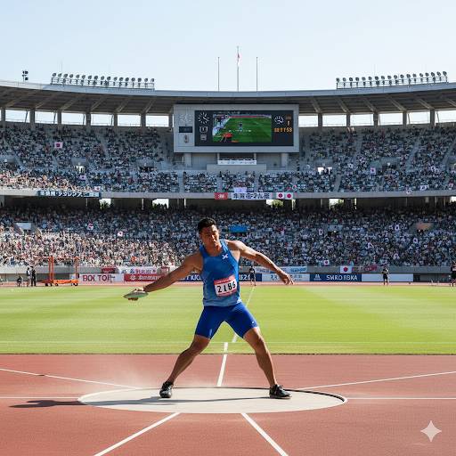 満員の陸上競技場で、男性選手が円盤投げをしているAIイメージ画像です。