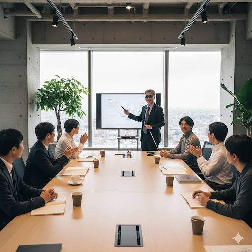 視覚障害者の社長が、会議室で若いスタッフと打ち合わせをしている画像です。