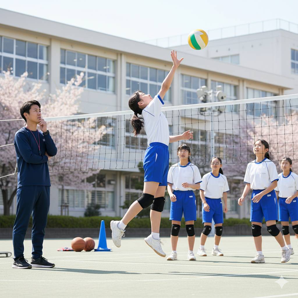 体育の時間に女子学生がバレーボールをしている姿を、若い男子教師が見つめている画像です。