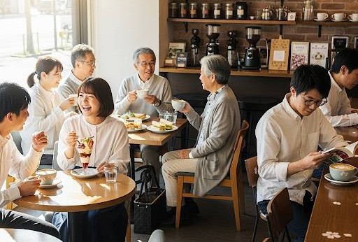 喫茶店で男女の様々な年齢層の人達が、サンドウィッチ・パフェ・コーヒーなどを飲食しながら笑顔で雑談している画像です。