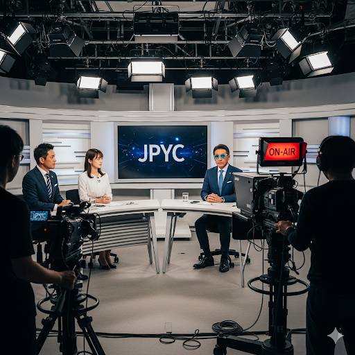 テレビ収録スタジオ、キャスターとアシスタント、視覚障害者のゲストによる、「JPYC」をテーマとした収録画像です。