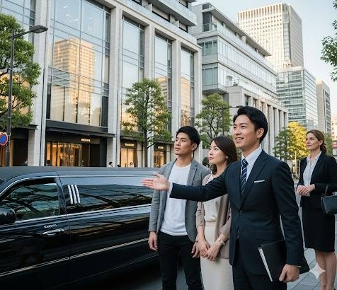日本の都心部高級マンションへ、外個人富裕層転売ヤー(中国人夫婦、欧州女性)リムジンにて送迎内見をしている画像です。