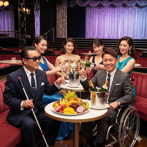 夜の接客を伴う飲食店で、視覚障害者の男性と車椅子の男性が、ホステスとお酒を飲んでいる画像です。