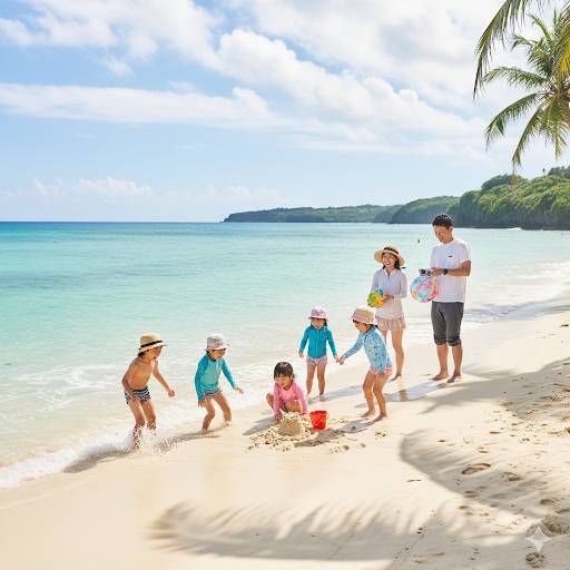 宮古島のエメラルドグリーンの海岸で、小さなお子様のいる家族が楽しそうに海辺で遊んでいる画像です。