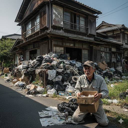 日本の老朽化した木造家屋は、高齢男性が住んでいて、ゴミが敷地外まで溢れ、ゴミ問題を引き起こしている。そのゴミを見ながら、途方に暮れている家主の画像です。