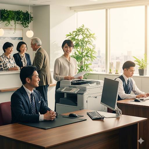 ベンチャー企業の小規模オフィス内で、女性がコピーをとっている、社長が腕組みをして周りを見ている、若い男性スタッフがパソコンに向かっている、受付には高齢夫婦が笑顔で来店されている画像です。