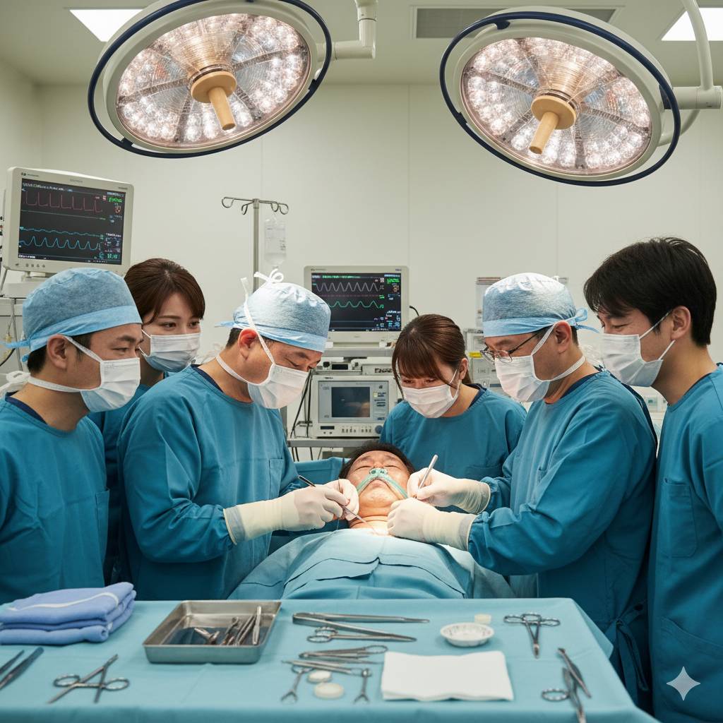 手術中に問題が発生し驚いている医師と看護師の画像です。